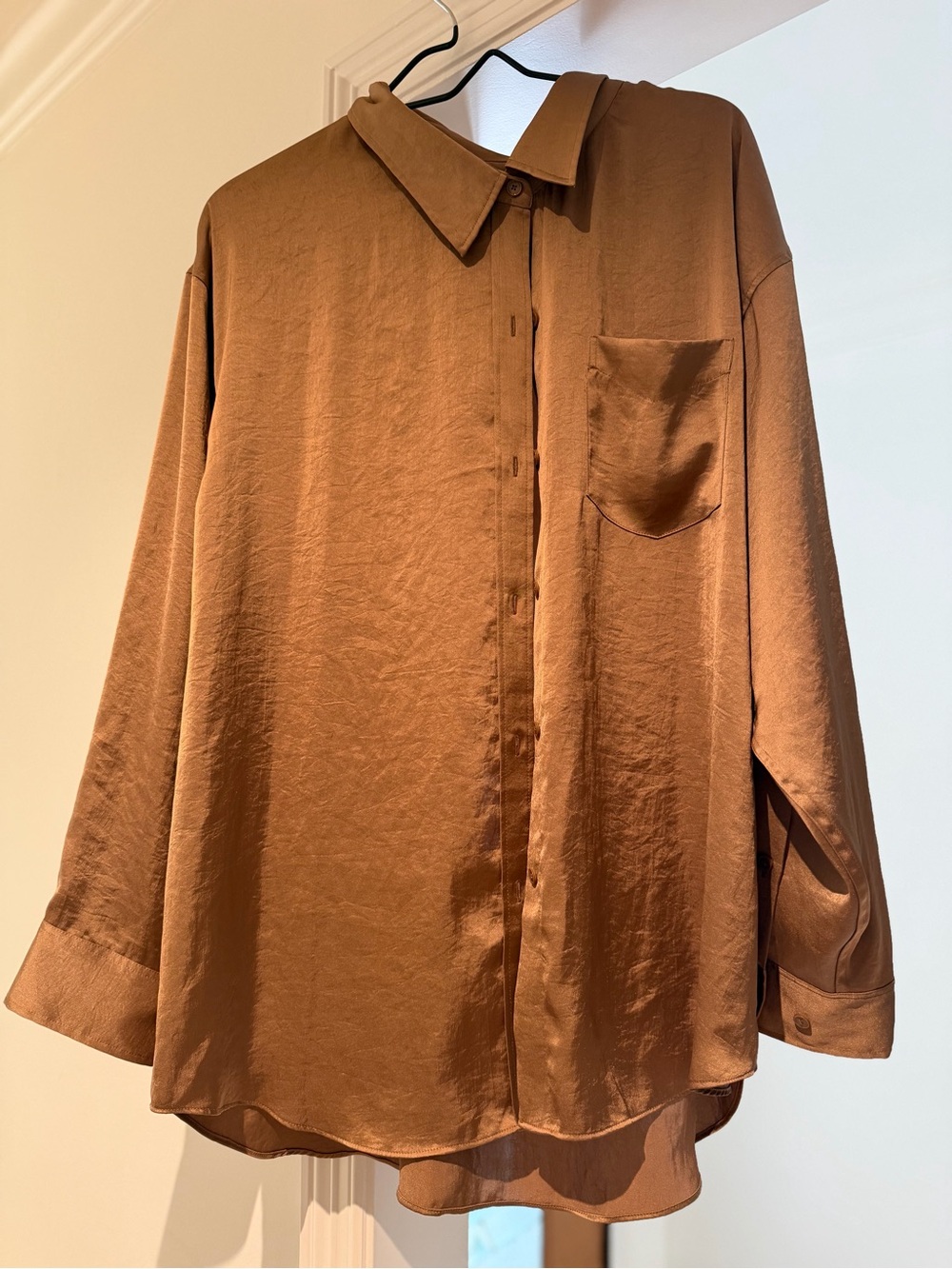 Wilfred Satin Button-Down Shirt Jacket in Copper Brown